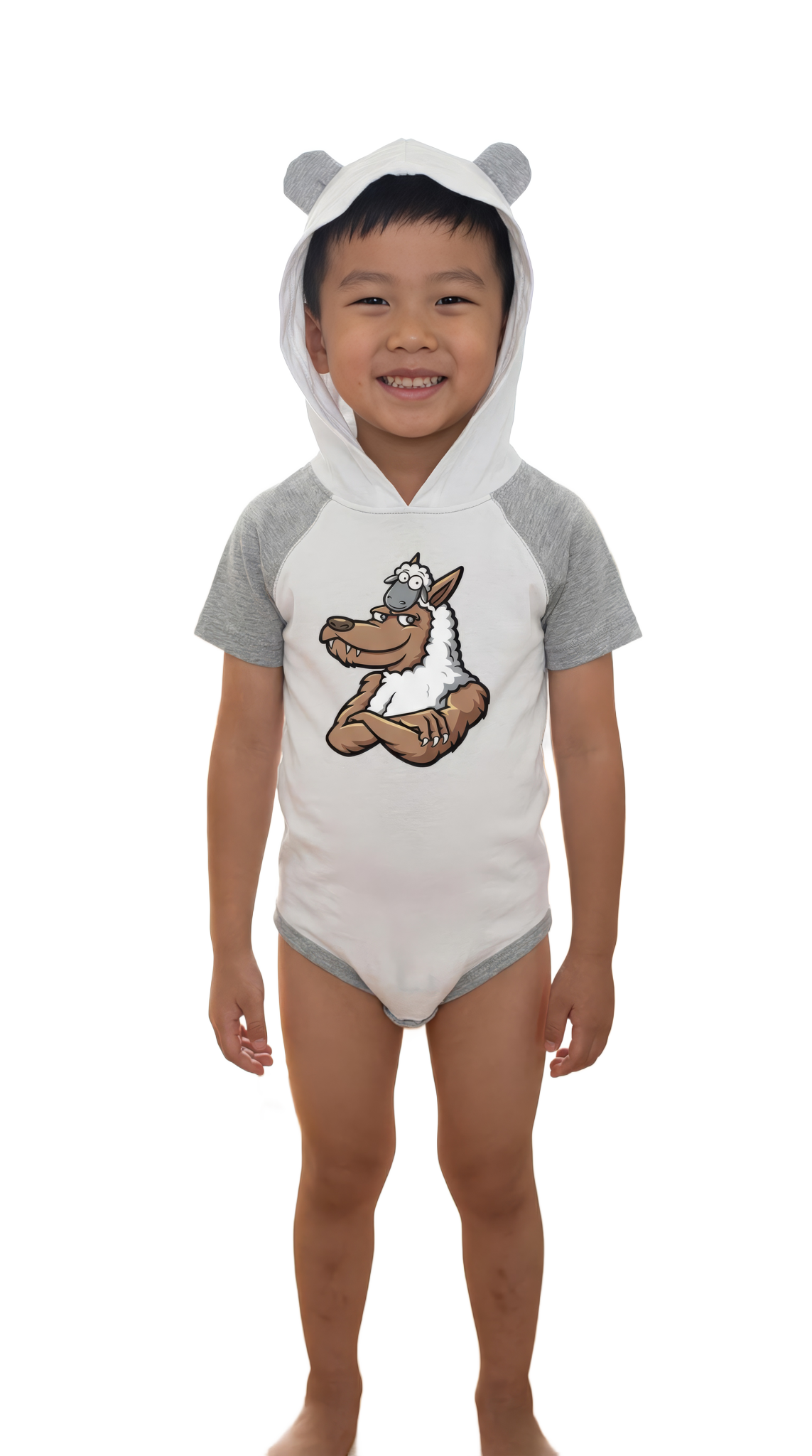INFANT HOODED BODYSUIT W/ EARS - HALF WOLF & SHEEP