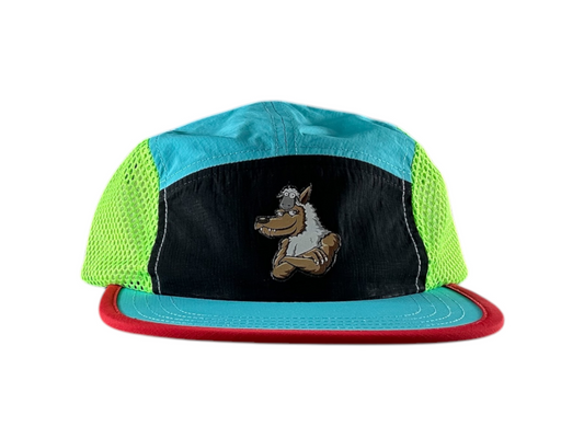 Water Repellent 5 Panel Nylon Mesh Camper Hat - Blue/Green