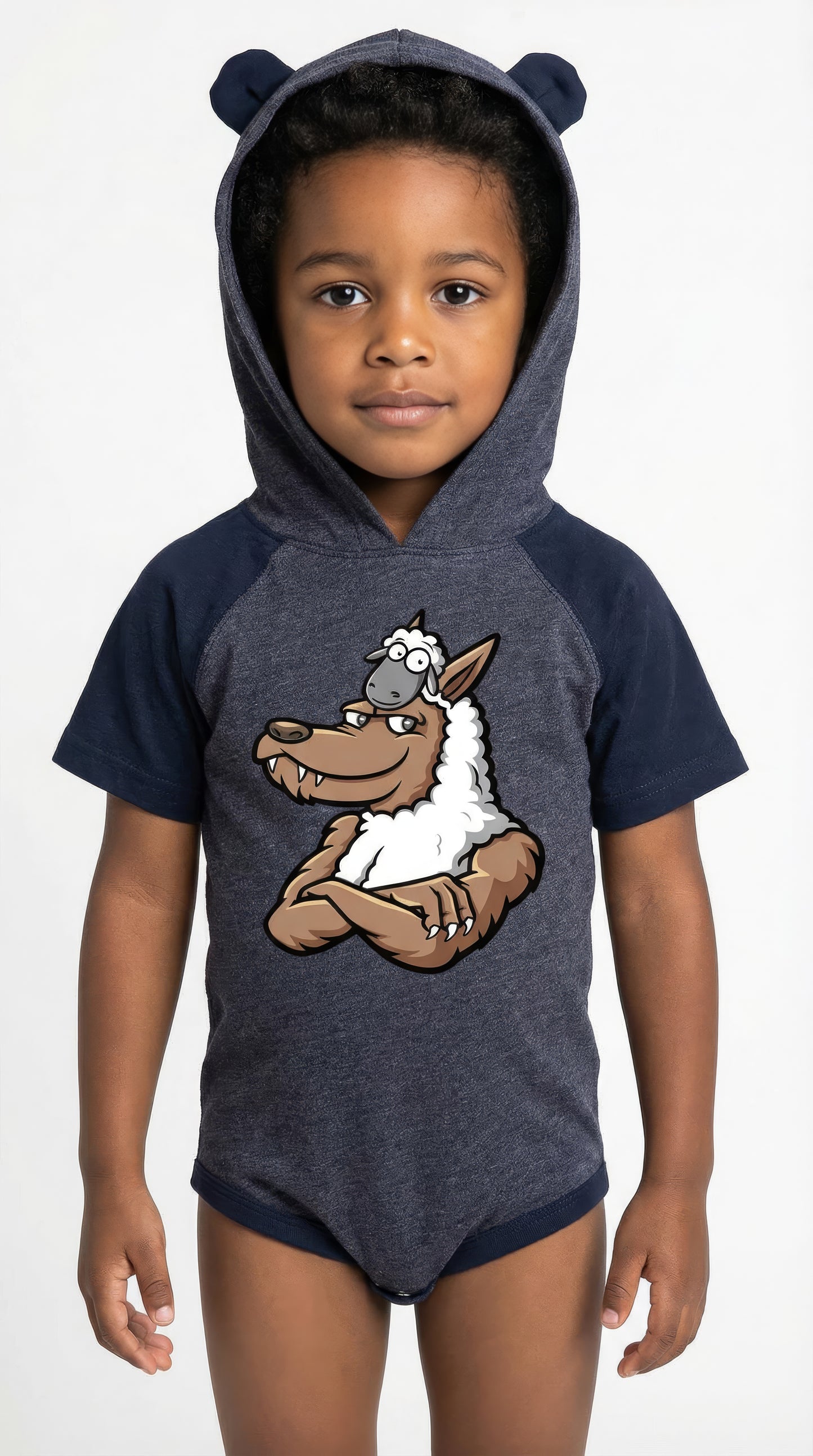 INFANT HOODED BODYSUIT W/ EARS - HALF WOLF & SHEEP