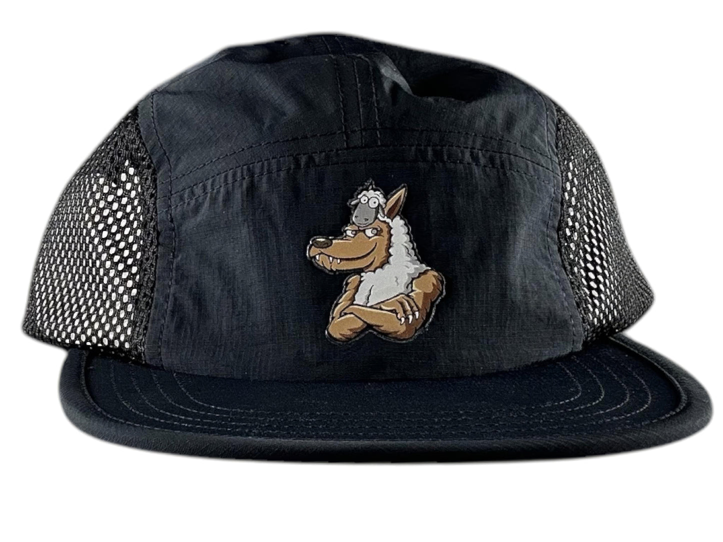 Water Repellent 5 Panel Nylon Mesh Camper Hat - Black