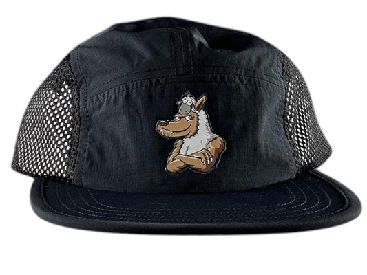Water Repellent 5 Panel Nylon Mesh Camper Hat - Black